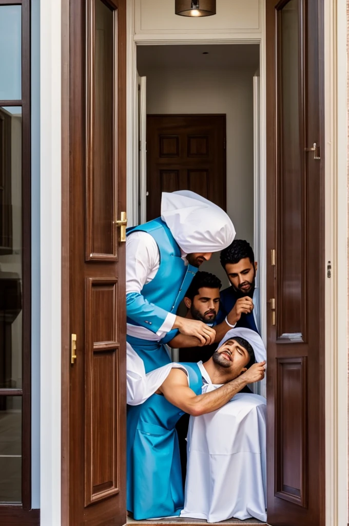 Crea 3 hombres almorzando cuando de alguna puerta sale otro hombre vestido de traje