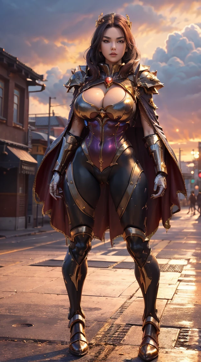 (1GIRL, SOLO:1.7), (DRAGON QUEEN HEAD), (BIG BOOBS:1.2), (PURPLE, RED, GOLD), (IVE CITY BACKGROUND), (FUTURISTIC ICE PHOENIX MECHA BODYSUIT, ROYAL CAPE:1.3), (CLEAVAGE), (SKINTIGHT YOGA PANTS, HIGH HEELS:1.2), (REALISTIC, PERFECT BODY, FULL BODY VIEW:1.4), (LOOKING AT VIEWER), (posing Standing model:1), SEXY MUSCULAR BODY, MUSCLE ABS, UHD, 8K, 1080P.
