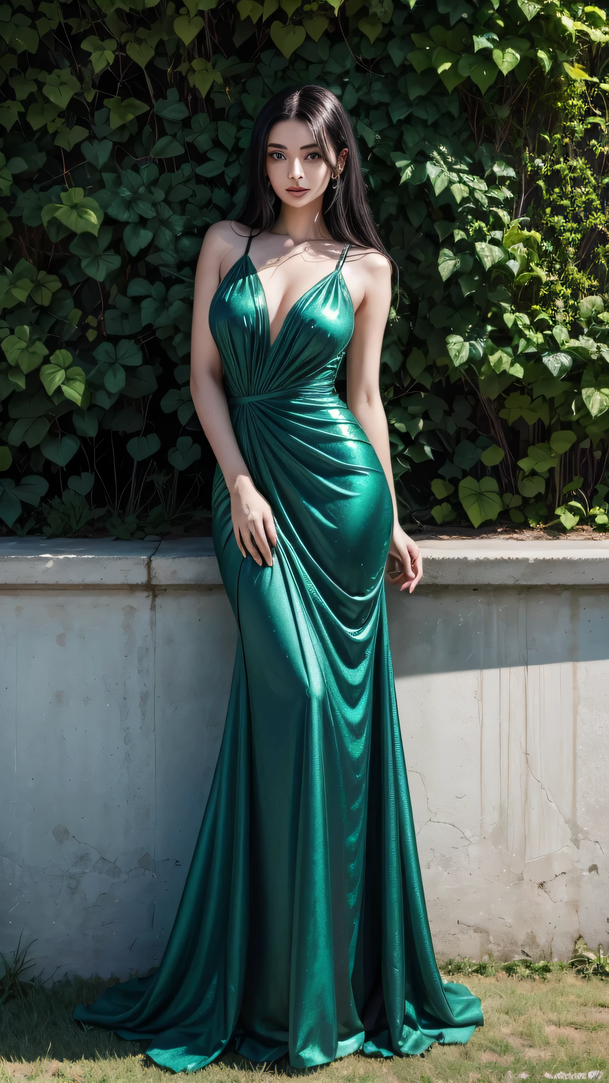 A woman in a green dress standing in front of a wall - SeaArt AI
