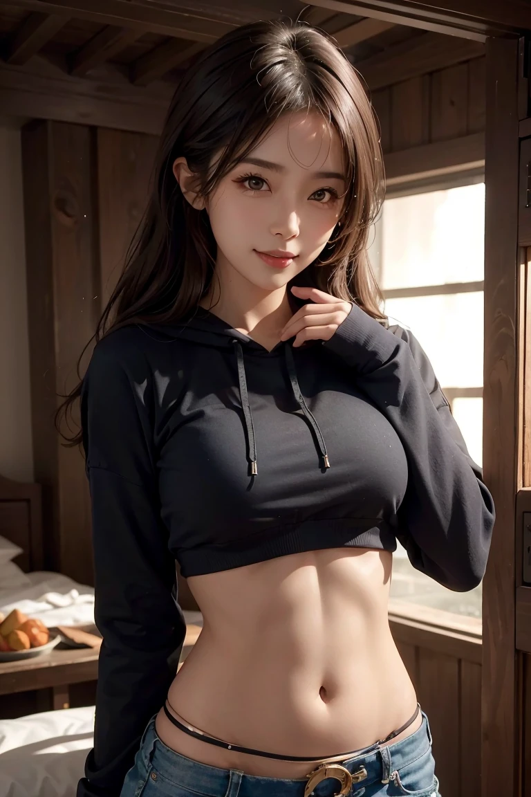 a girl, Thick belly button hoodie, long sleeve, (bare midriff, exposed navel), sexy abs, navel open,completely exposed abdomen, Low-rise hot pants,Expose your little belly,Mermaid Line, metal belt, cowboy shot, summer street, 8k, best quality, masterpiece, photorealistic, ultra-detailed, vivid colors, professional lighting, cinematic, dynamic pose, dramatic lighting, intricate details,Looking at the camera,Smile,Sweating on belly