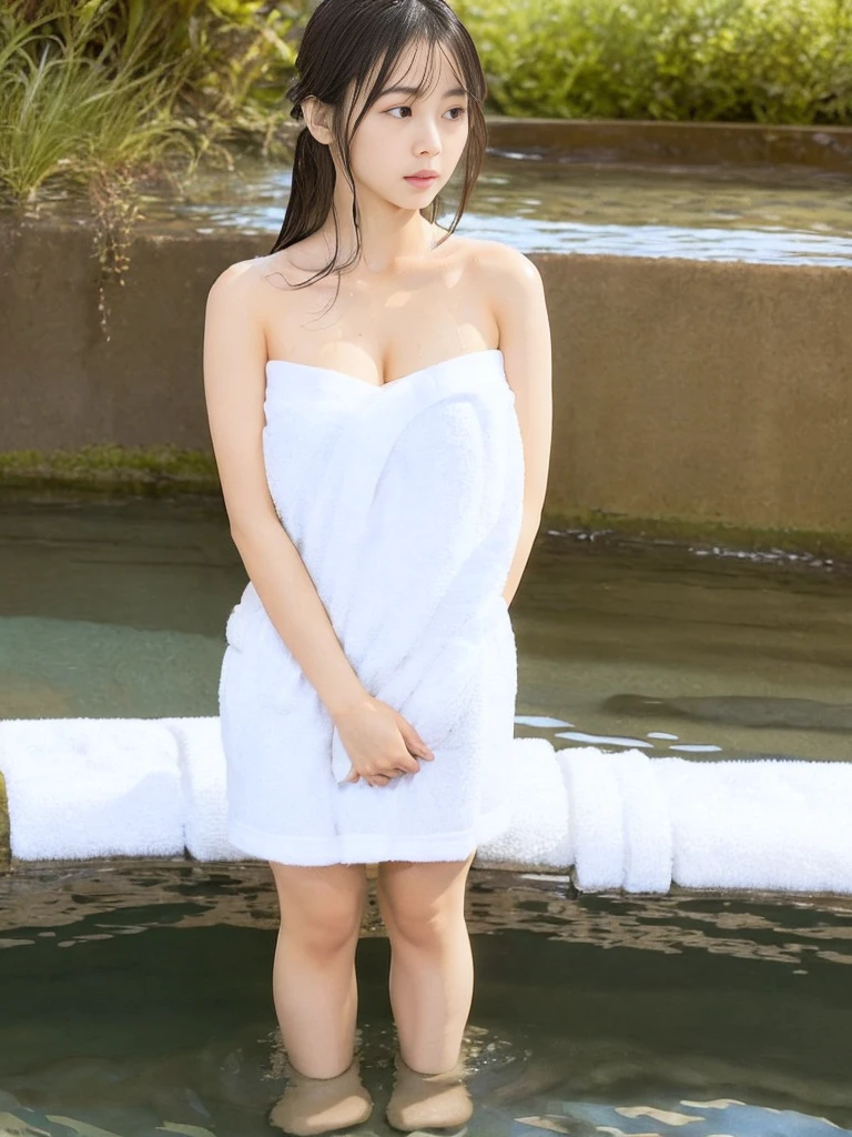 best nsfw,
masterpiece, best quality, ultra-detailed, detailed scenery,  beautiful detailed eyes, 4k, 8k, 
1 japanese girl center, from front, (wide-angle:0.7), (18 yo:1.3), (full body:1.5), (Vertical posture:0.7), (from the waist down in the water:1.3), 
(face looking to the side:1.5), (Profile of face:1.2), (looking away:1.3), (diagonally sideways:0.9), the right and left eyes are well balanced and beautiful,  
(bend neck to the side:1.3), (bend your neck to the side:1.1), 
Black hair, medium length hair, light waves hair, (Bangs that hide the forehead:0.9), 
(Large Breasts:1.4), (see-through white soaked　towel:1.7), (Wrap a little white towel lower chest:1.1), (strapless little little white towel:1.4),  (top half completely bare chest:1.5), (completely naked:1.3), (Completely naked lower abdomen:1.3), 
Right and left arms facing chest, (Gently press her chest with her right and left hands:1.7), 
Sit on a rock in the water, (waist up above hot water:1.1), (Nearly completely naked:1.5), 
trending faces, Young face, (Shy look:1.1), (Sad face:0.9), (red cheeks:1.2), (face with good blood circulation:1.3) (half-closed eyes:0.7), (Thin eyebrows:0.6), Moist eyes, watery eyes, 
(Hot spring1.3), (stone bath1.1), daytime, outdoors, 
(wooden inn in the distance:1.1),