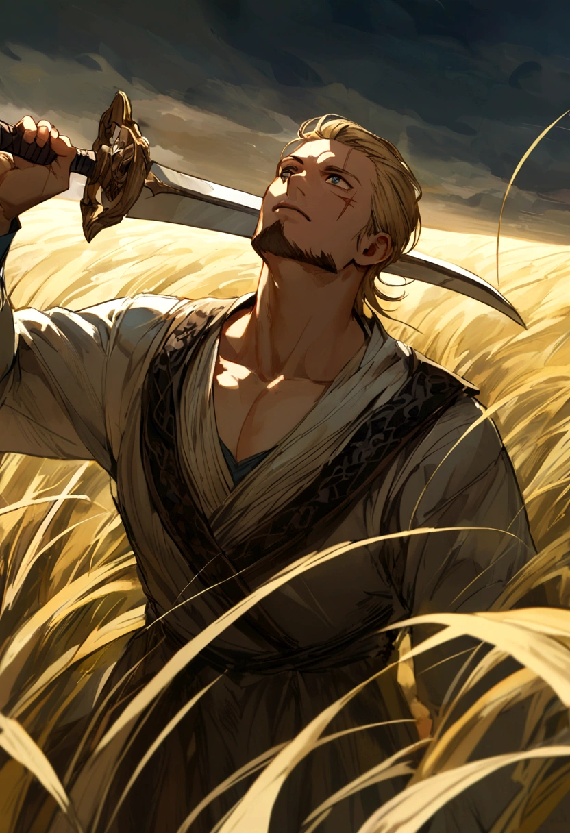 A warrior holding a sword in his right hand, slicked back blonde hair, he has a goatee beard, looking up, in an open field, with a scar on his right cheek.