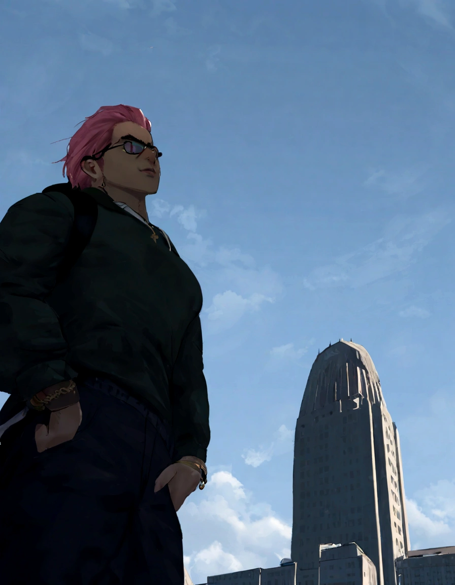 there is a man with pink hair and a backpack standing in front of a building, In front of a sci-fi cityscape, como um personagem do GTAV, naruto no gta v, parado no centro da cidade, perched on a skyscraper, estilo de rua gta v, Avatar da segunda vida, skyscrapers in the background, personagem gta, cidade ao fundo