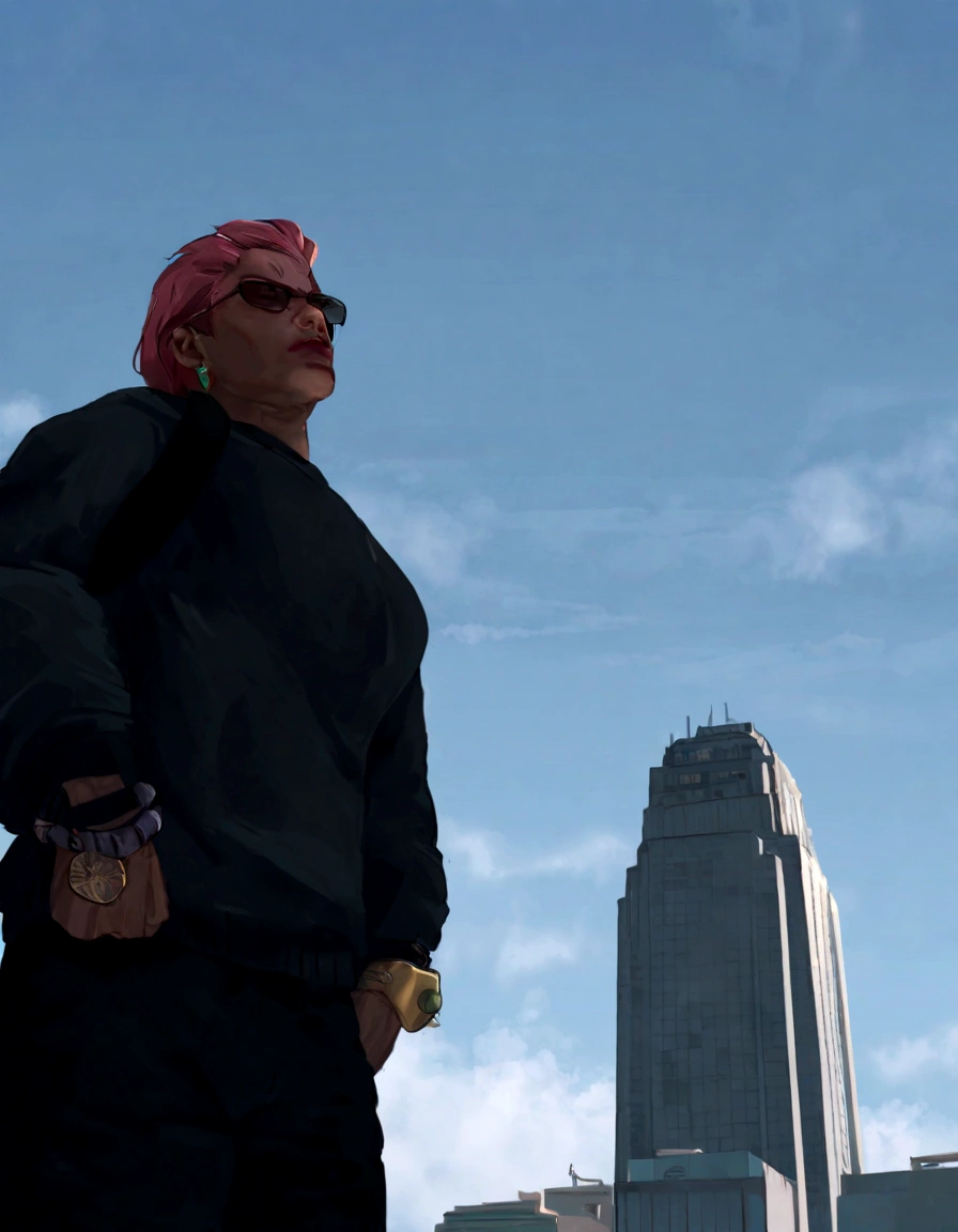 there is a man with pink hair and a backpack standing in front of a building, In front of a sci-fi cityscape, como um personagem do GTAV, naruto no gta v, parado no centro da cidade, perched on a skyscraper, estilo de rua gta v, Avatar da segunda vida, skyscrapers in the background, personagem gta, cidade ao fundo