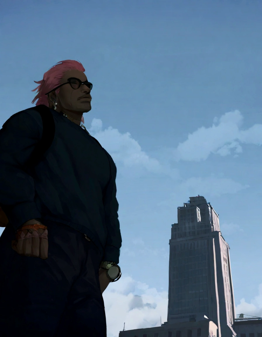 there is a man with pink hair and a backpack standing in front of a building, In front of a sci-fi cityscape, como um personagem do GTAV, naruto no gta v, parado no centro da cidade, perched on a skyscraper, estilo de rua gta v, Avatar da segunda vida, skyscrapers in the background, personagem gta, cidade ao fundo