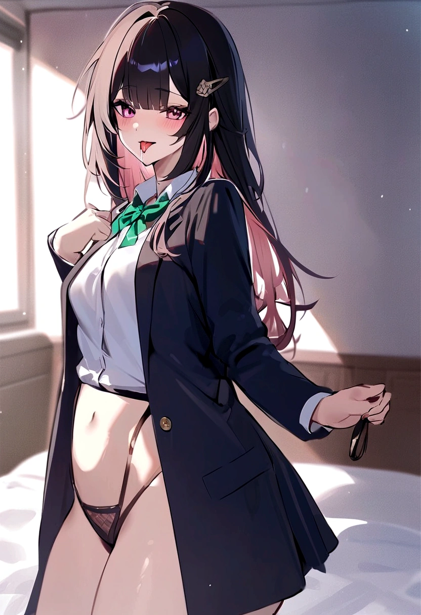 masterpiece, highest quality,blazer,One Girl,honkai_(series), Simple_background, shirt, head_ribbon, Open_Jacket, green_ribbon, Side Lock, With collar_shirt,hair_ornament, hair_intake, honkai:_star_rail, ribbon, Jacket, black_Jacket,Open_Clothes, School_uniform, alone, hairclip,Bed,Open your mouth and stick out your tongue,Dripping saliva,Undressing,