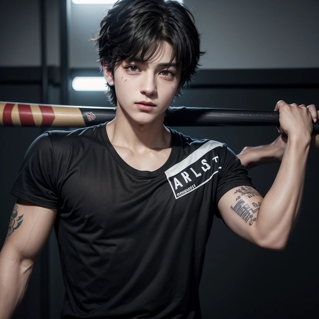 Sexy young man with a baseball bat, He has a black t-shirt and small tattoos on his arm. Rostro de Jeon Jungkook, Jungkook de BTS. Brazos fuertes.