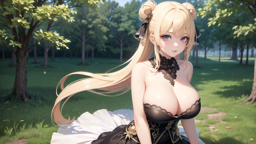(((masterpiece, best quality))), (((superior quality))), cute girl, ((extremely detailed girl)), ((huge breasts)), (fancy noble dress), strapless top, twin-tail blonde, cleavage