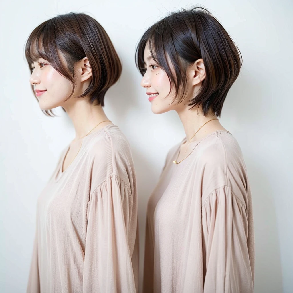 table top、highest quality、figure、 super detailed、High resolution、8K wallpaper beautiful detailed eyeedium hair、natural color lip、smile、Harajuku、30-year-old girl、cute、No chest、white wall、Taken in front of the white door、(A room with a white wall and a window)、Versatile poses、break (Ombre:1.3) 、simple necklace、Spring clothes、pastel long sleeve dress、(Beautiful profile:1.3)、Don't look at the camera、profile、shortcut、short hair