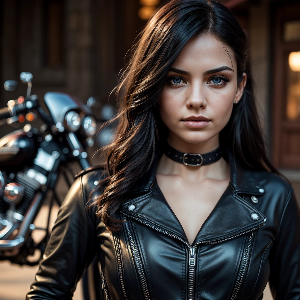 a girl standing next to a Harley Davidson motorcycle, detailed portrait, beautiful detailed eyes, beautiful detailed lips, extremely detailed face, longeyelashes, intricate details, photorealistic, 8k, highres, hyper detailed, masterpiece, realistic lighting, natural colors, cinematic lighting, dramatic contrast, oil painting, vibrant colors