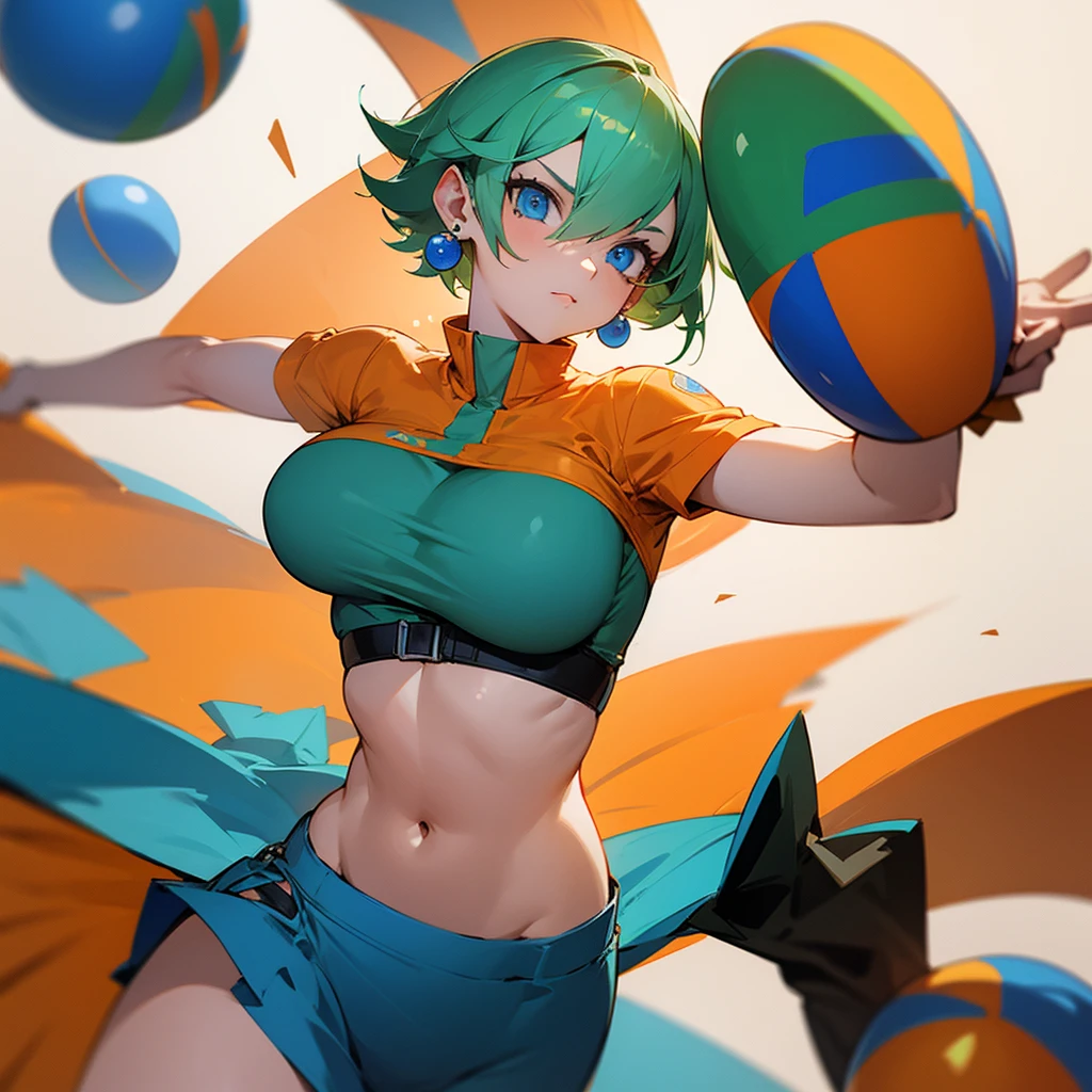 Beautiful girl, short green hair, blue eyes, ball earrings, orange shirt, blue skirt, combat clothing, slim waist, big breasts, tempting