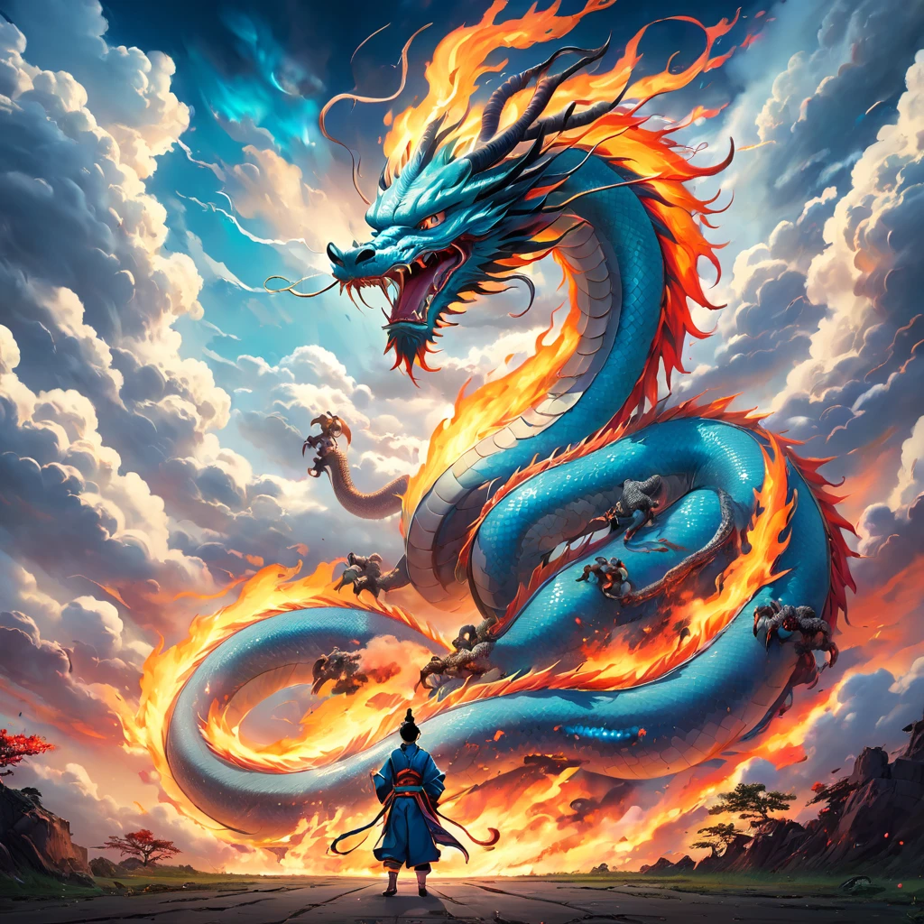(The main subject: wide wide shot), The flame  light blue,[Multicolored,(Chinese dragon anthropomorphism)], salama,dramatic clouds,(Deep in the field), rich details​, (Wide sky), (sense of vastness),Energy and vitality, Complicated details.(Best quality at best, A high resolution, tmasterpiece:1.2), (actual:1.37), HighDynamicRange。