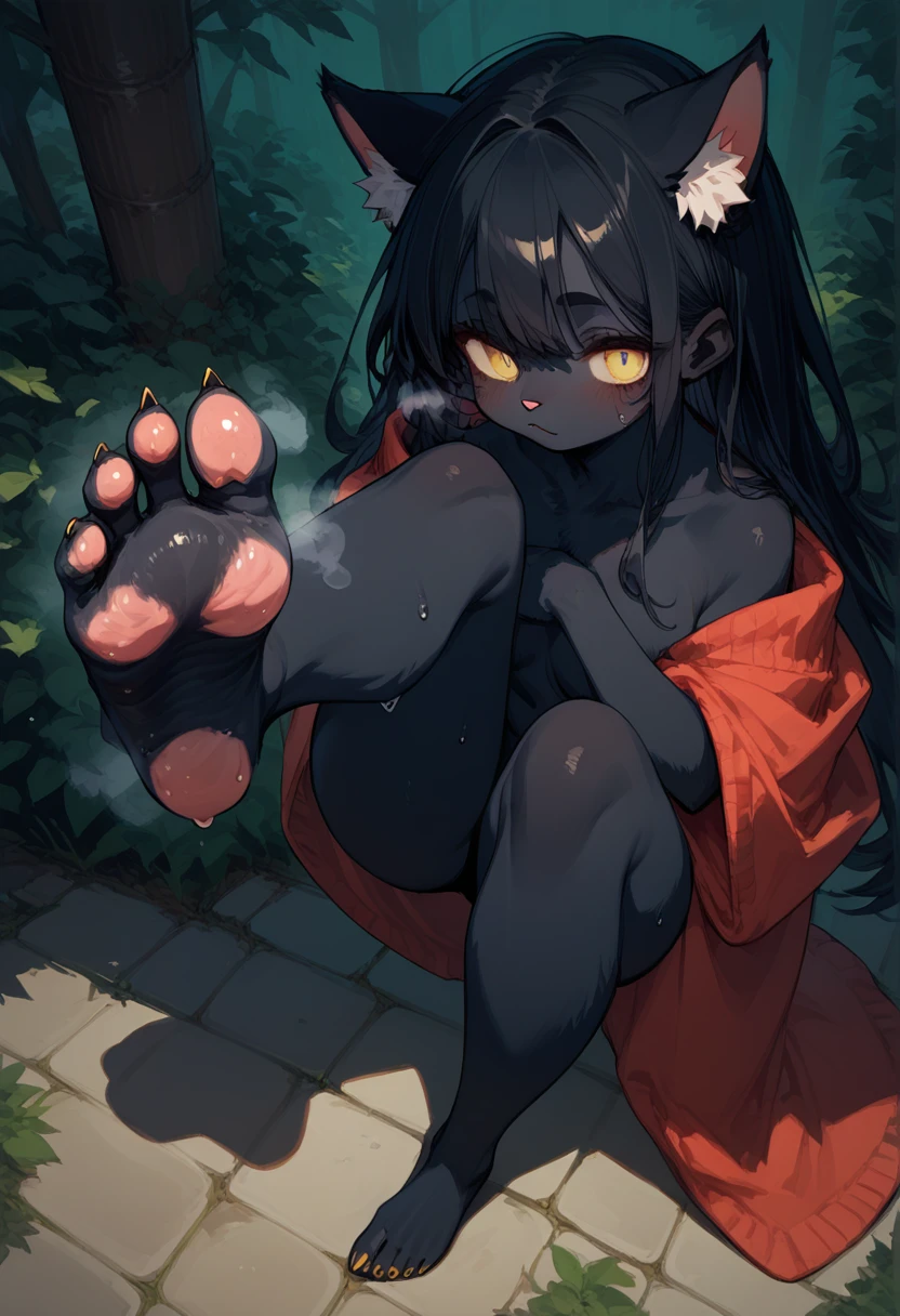 score_9,score_8_up,score_7_up,score_6_up,score_5_up, source_furry, long hair, hair covering ears, hadrian,from above,fisheye,standing and show foot,shanding and show sole,standing on one leg,foot focus,sole,barefoot, furry female, cat girl, black fur, yellow eyes, black hair, paw_sloe,sharp_toenails, claws, pawpads, naked, steaming and sweat feet, stinky feet