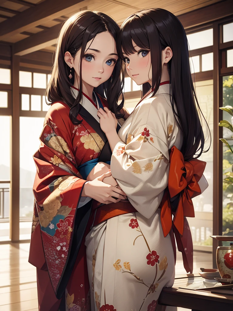 2 girls, masterpiece, Highest quality, Highly detailed CG Unity 8k wallpaper, High School Girl Anime Illustration. Wearing a red and white kimono, Sit upright, Lean your upper body forward, And then bow., Both expressed their gratitude.., seiza, The background is red and white vertical stripes, Close your eyes and open your mouth, Big smile, Facing the viewer
