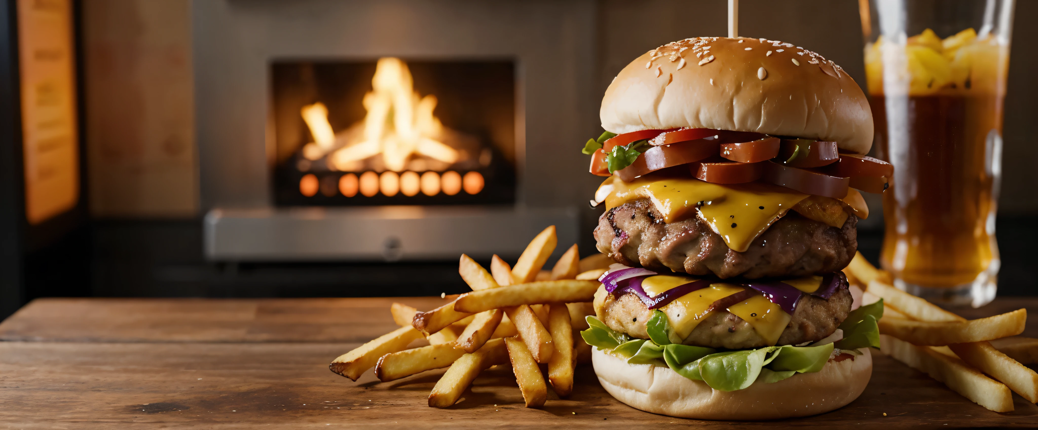 Burger, realistic, looking tasty, small burger, with fries, copy space