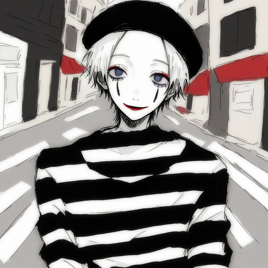 a very happy skinny boy dressed up as a mime, wearing mime makeup, has dark blue eyes, wearing a beret, performing on the streets