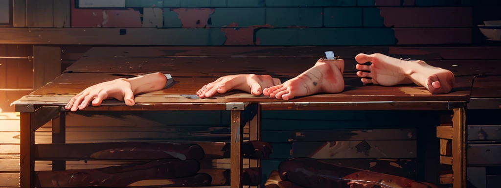 canibal market, human feet and hands meats, mutilated hands and feet on the wooden table, blood, human flesh, early morning time