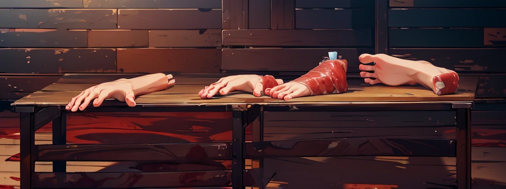 canibal market, human feet and hands meats, mutilated hands and feet on the wooden table, blood, human flesh, early morning time