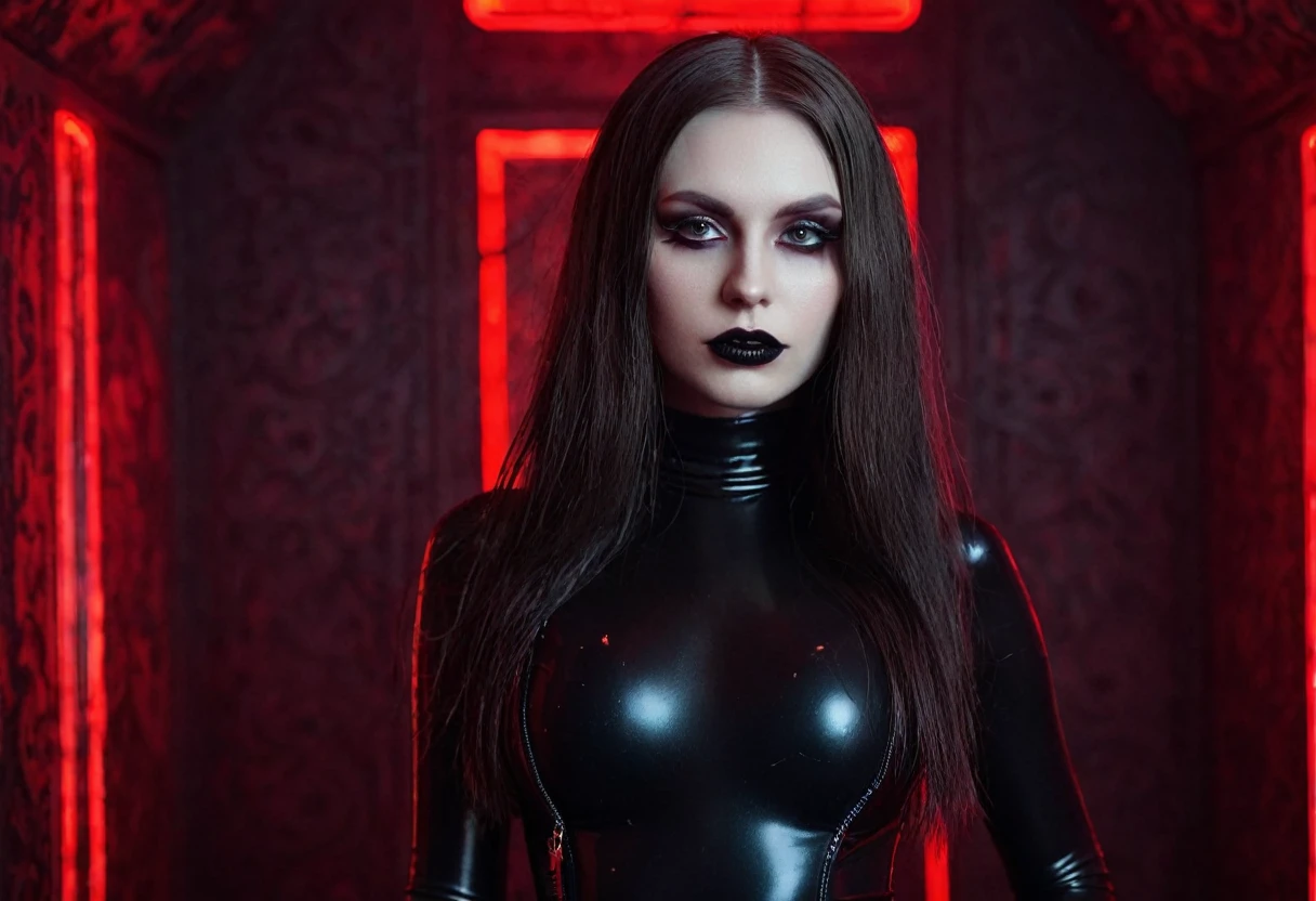 Slavic female demon, pale skin, evil slavic woman, long dark blond hair, shot with a Nikon Z7 and Nikon Z 58mm f/0.95 S Noct lens, Dressed in latex swimsuit, posing for photo, red neon behind her, Gothic aesthetic, Very beautiful gothic top model, Goth woman, Queen of dark gothic, Gothic horror vibe, Dark synth vibes, Dark and intricate, Gothic and futurism, Latex fetish, Gothic atmosphere, Dark demonic dancer, Ornamental gothic - cyberpunk, red lights, ultra detailed, Hyper-realistic, masterpiece.