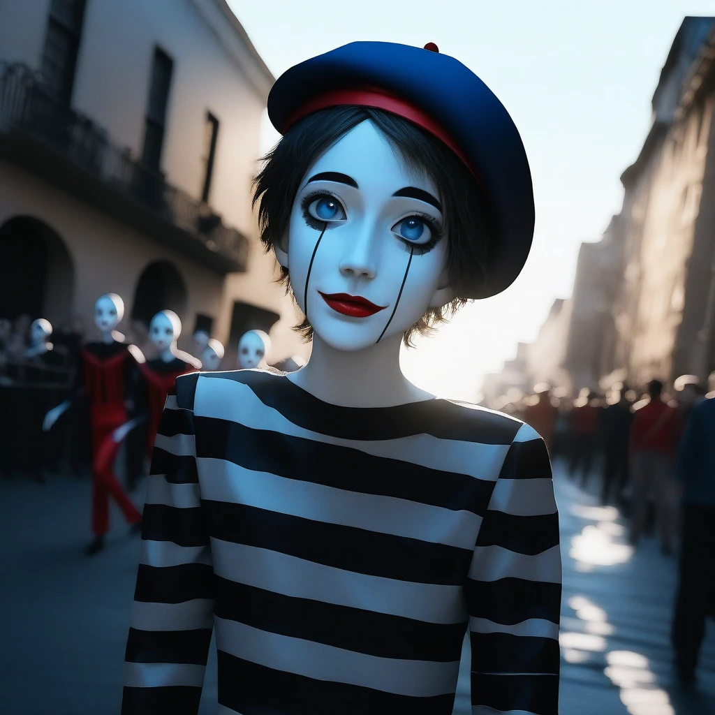 a very happy skinny boy dressed as a mime, mime makeup, dark blue eyes, beret, performing on the streets, high quality, 8k, detailed, photorealistic, vibrant colors, dramatic lighting, street performer, theatrical, dramatic pose, whimsical, imaginative