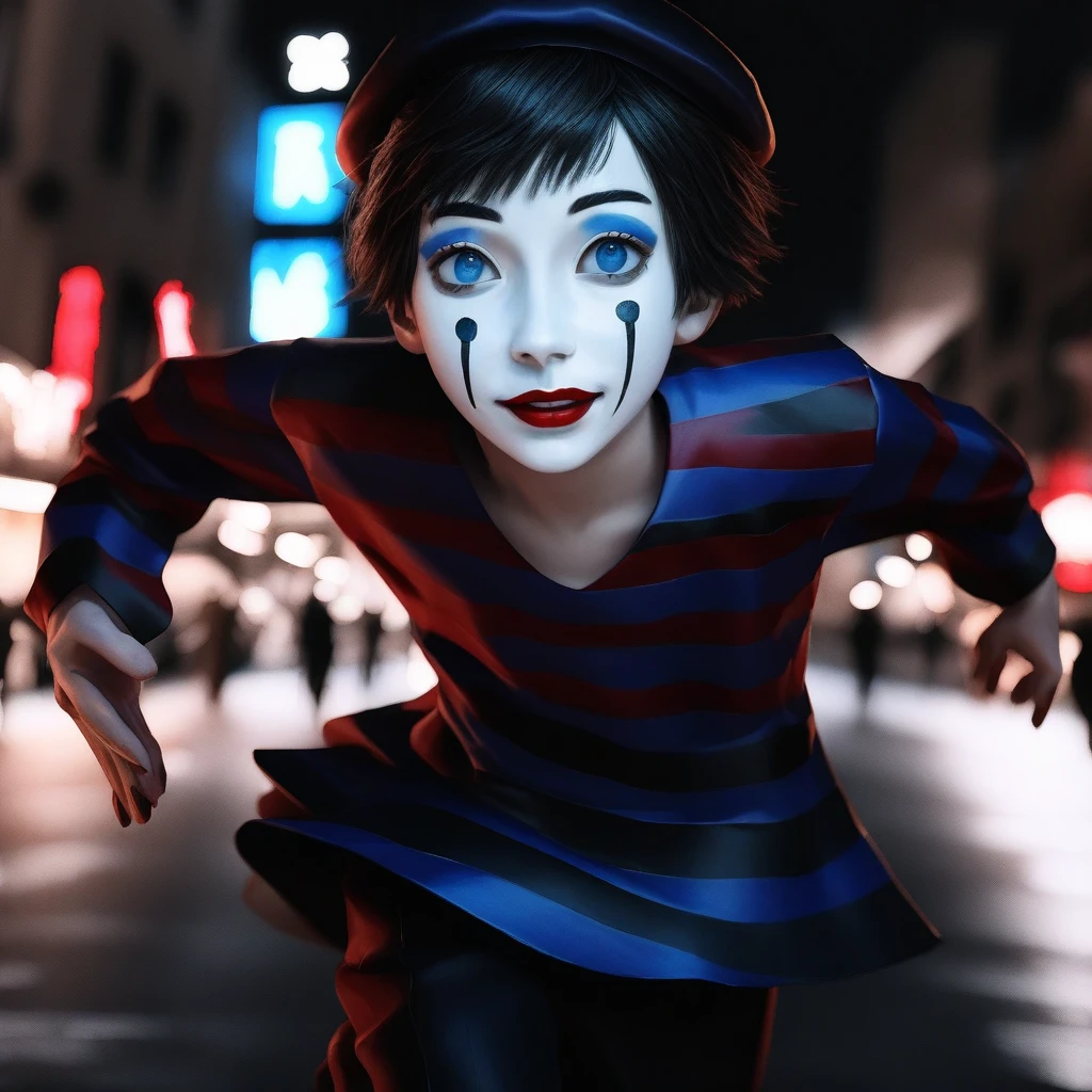 a very happy skinny boy dressed as a mime, mime makeup, dark blue eyes, beret, performing on the streets, high quality, 8k, detailed, photorealistic, vibrant colors, dramatic lighting, street performer, theatrical, dramatic pose, whimsical, imaginative