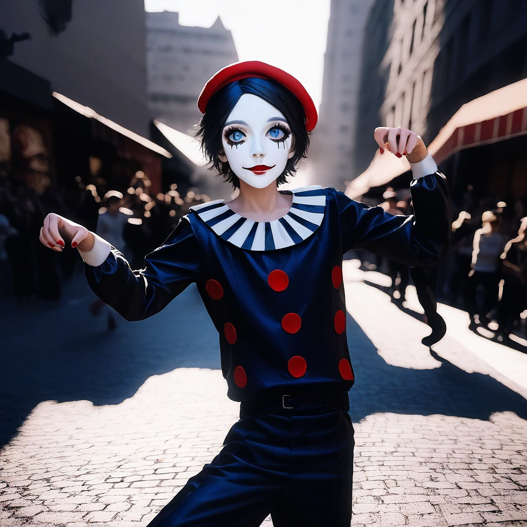 a very happy skinny boy dressed as a mime, mime makeup, dark blue eyes, beret, performing on the streets, high quality, 8k, detailed, photorealistic, vibrant colors, dramatic lighting, street performer, theatrical, dramatic pose, whimsical, imaginative