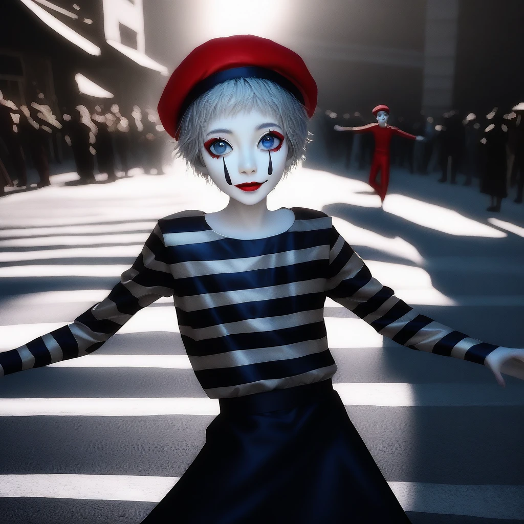 a very happy skinny boy dressed as a mime, mime makeup, dark blue eyes, beret, performing on the streets, high quality, 8k, detailed, photorealistic, vibrant colors, dramatic lighting, street performer, theatrical, dramatic pose, whimsical, imaginative