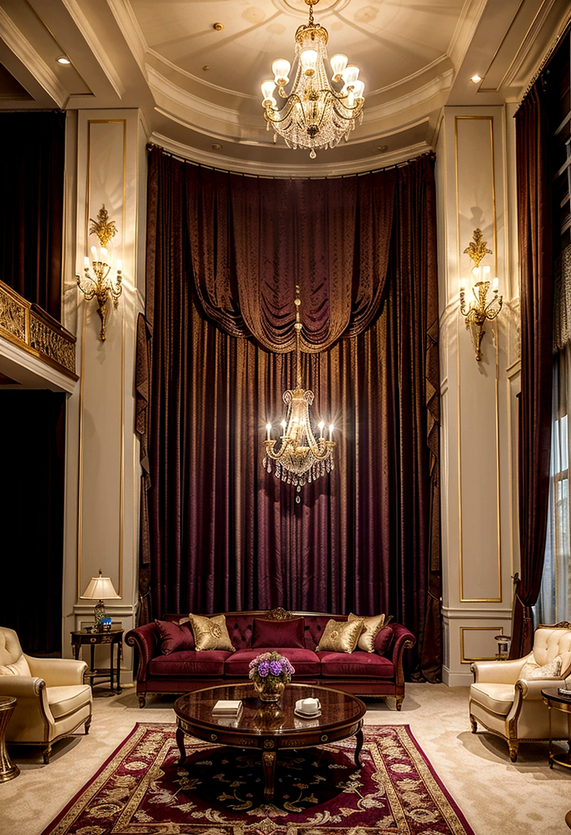The image is of a luxurious living room with a stunning view of the city skyline. The room is decorated in a rich purple and gold color scheme, with plush velvet furniture and intricate gold accents. The centerpiece of the room is a large crystal chandelier, which hangs from the high ceiling and casts a warm glow over the space. The windows offer breathtaking views of the cityscape, which are framed by floor-to-ceiling curtains. The room is filled with luxurious details, such as a plush purple rug, a coffee table with gold accents, and a variety of decorative objects. The overall effect is one of opulence and refinement, making this a truly enviable living space.