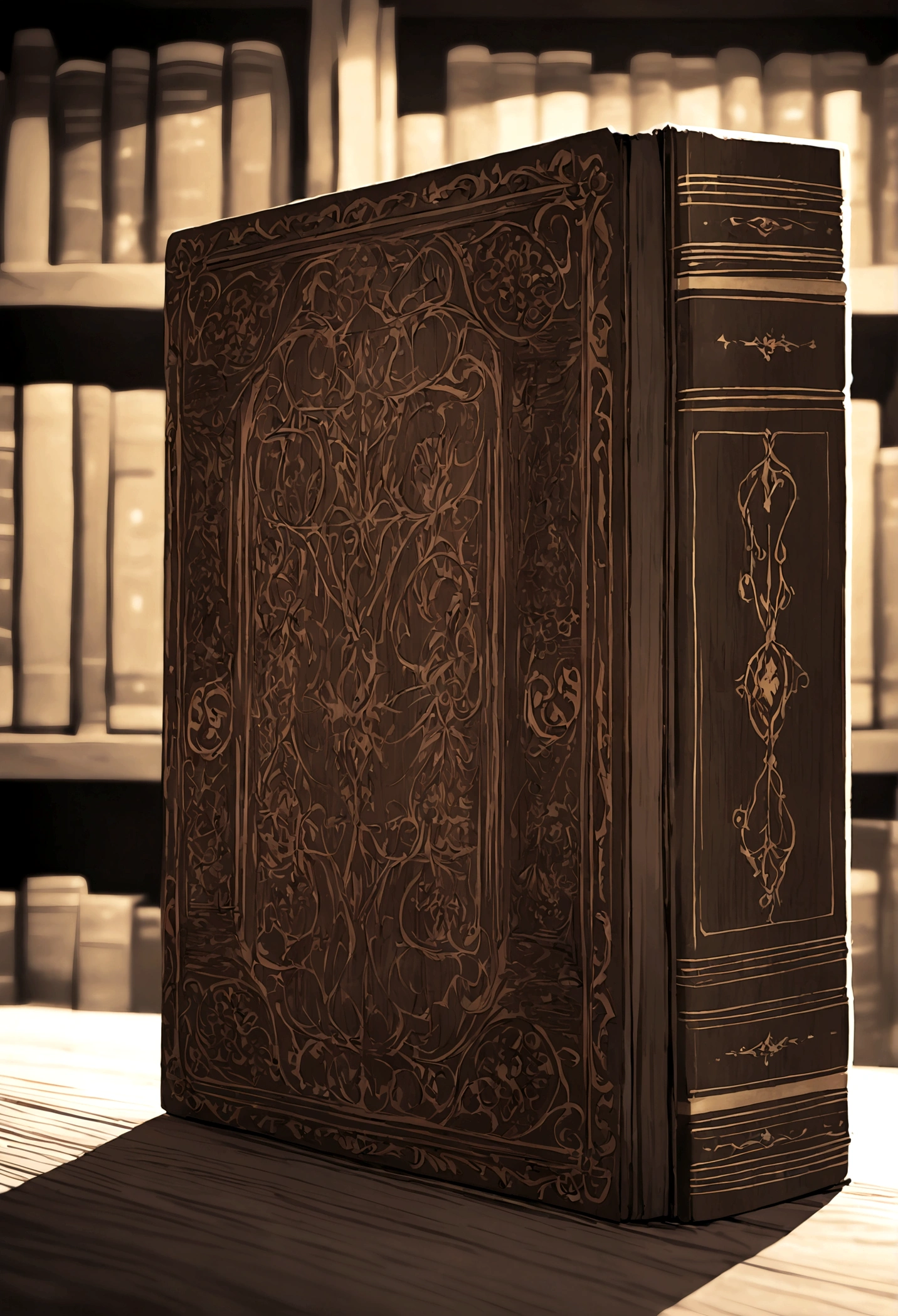 A high-resolution photograph of a book titled "Tales of Reality" on an antique wooden table, the book cover featuring intricate golden lettering and a mystical design. The background is a cozy library with warm ambient lighting, shelves full of old books. Soft shadows cast by light. Created using: DSLR camera, Rembrandt lighting, macro lens, vintage filter, high contrast, shallow depth of field, soft focus, vignette effect, natural style, HD quality --ar 3:2 --v 6.0