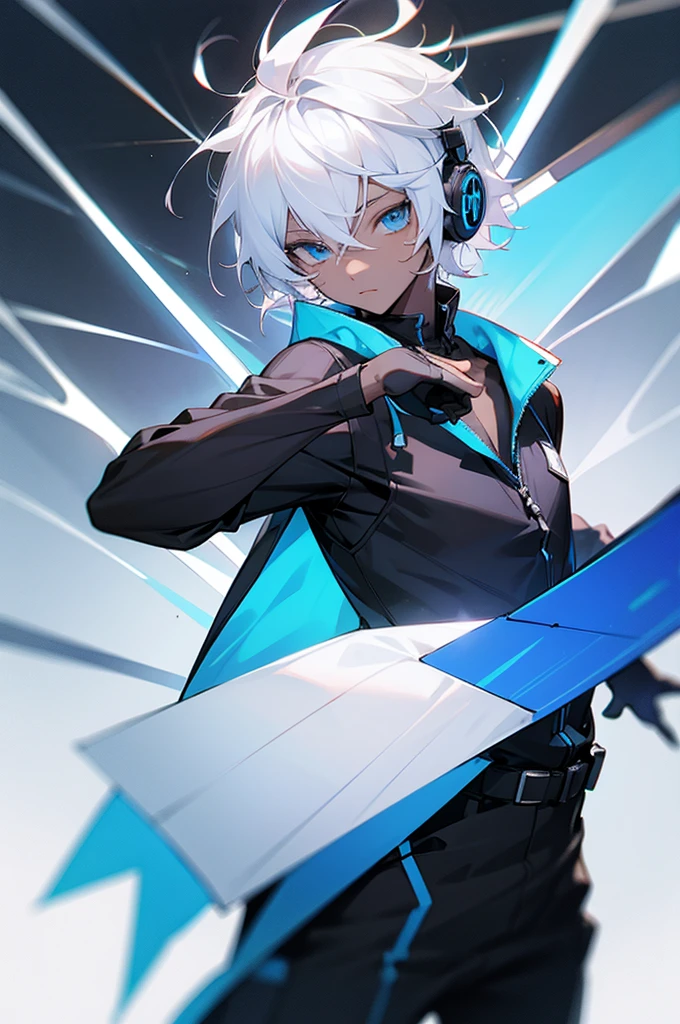Young adult, Male, white hair, blue Eyes, African American skin color, black jumpsuit, headphones, Trion Body