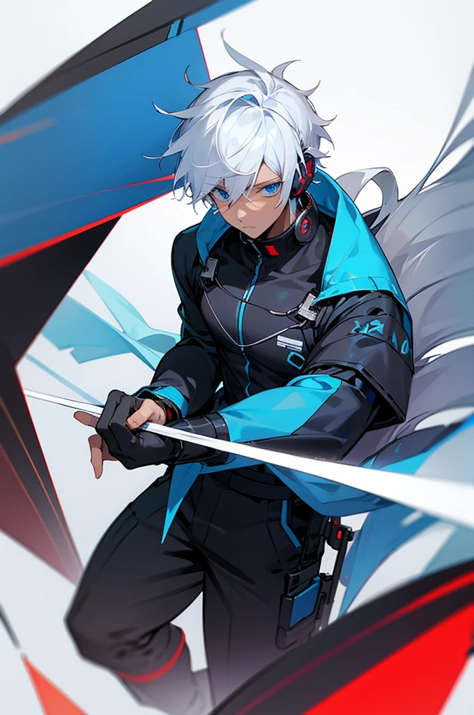Young adult, Male, white hair, blue Eyes, African American skin color, black jumpsuit, headphones, Trion Body