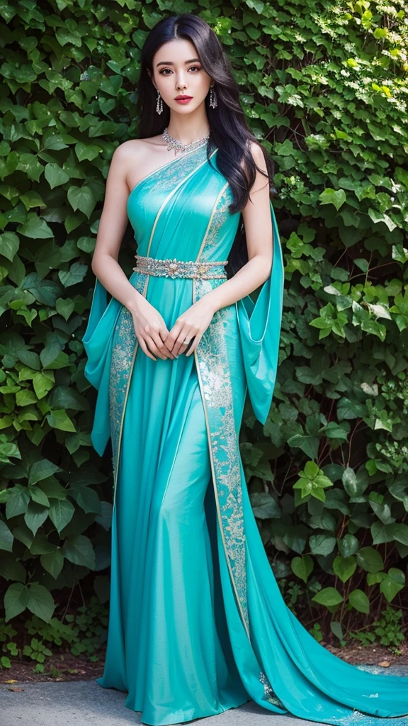 a very realistic image of a beautiful woman with black hair, dark makeup around her eyes and metallic green lipstick wearing a long dress, nessa cor azul turquesa, very elegant she is a slender and very beautiful woman, her hair is straight and her eyes are green She is standing, The framing captures the entire woman from head to toe, Behind her there is a wall completely covered with dark green leaves, which highlights the color of her turquoise dress., on this wall made of leaves there is water and some small black rocks behind the leaves the woman is posing for a photo the image needs to be very realistic with professional quality, highlighting the dark green color of the leaves that are on the wall behind the woman and the turquoise blue of the dress she wears, To give a better view of her dress, the turquoise blue on the dress may start a little lighter at the top and gradually darken until it reaches her feet..