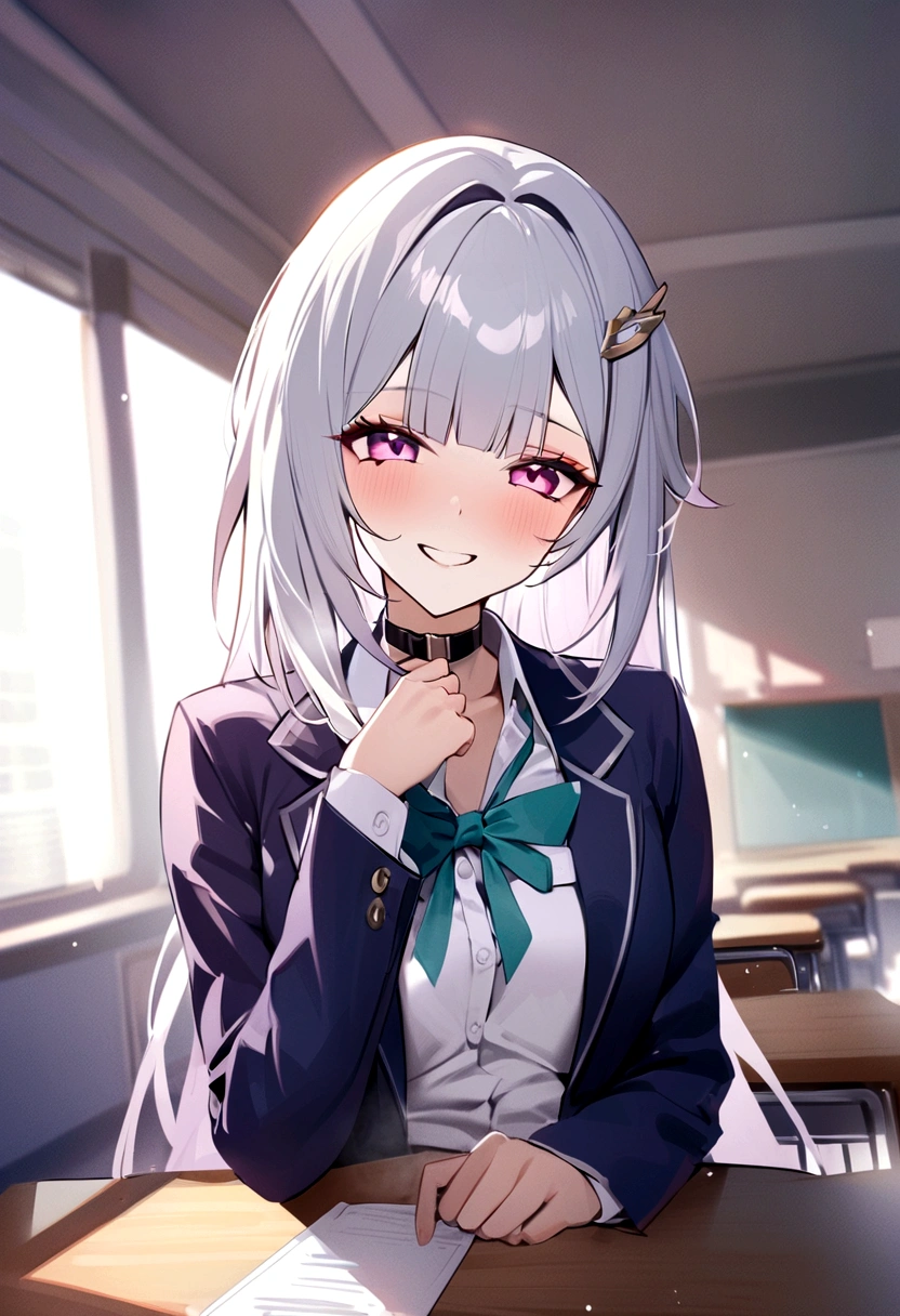 masterpiece, highest quality,blazer,One Girl,honkai_(series),shirt, head_ribbon,green_ribbon, Side Lock,With collar_shirt, smile, hair_ornament, hair_intake, honkai:_star_rail, ribbon, Open_Clothes, School_uniform, alone, hairclip,nsfw,White classroom,