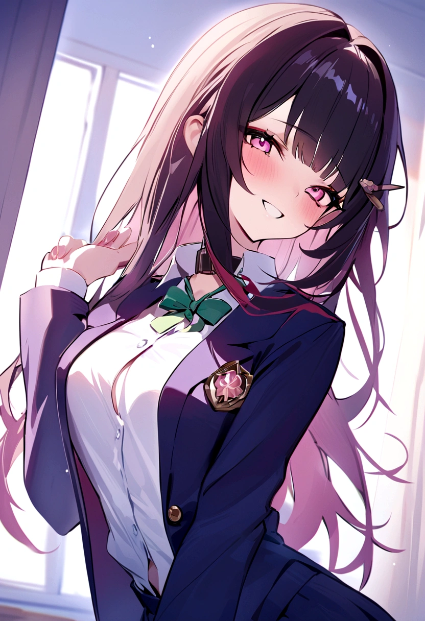 masterpiece, highest quality,blazer,One Girl,honkai_(series),shirt, head_ribbon,green_ribbon, Side Lock,With collar_shirt, smile, hair_ornament, hair_intake, honkai:_star_rail, ribbon, Open_Clothes, School_uniform, alone, hairclip,nsfw,White classroom,