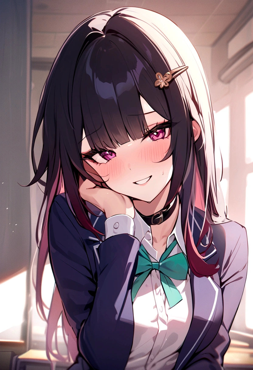 masterpiece, highest quality,blazer,One Girl,honkai_(series),shirt, head_ribbon,green_ribbon, Side Lock,With collar_shirt, smile, hair_ornament, hair_intake, honkai:_star_rail, ribbon, Open_Clothes, School_uniform, alone, hairclip,nsfw,White classroom,