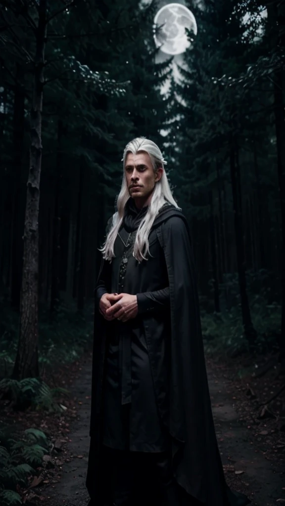 Create a cover for a fantasy book with a mysterious figure in a deep forest in the moonlight. It's a very dark night. The figure is male, has long white hair and pointed ears. He is young with handsome features He is wearing a dark cloak. He is in the background, barely noticeable.