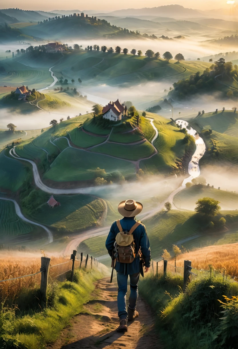 Travelers in the Dawn, On the edge of the town shrouded in morning mist, a winding path extends into the distance, flanked by newly awakened fields and low fences. As the sun rises, the golden light penetrates the mist and sprinkles on the moist earth.A traveler carrying a backpack, wearing a dark blue trench coat, jeans, and a pair of durable hiking shoes. He was wearing a wide brimmed hat and looking down to check the map in his hand, as if planning his next journey. Hanging on the backpack is a kettle and simple camping equipment, ready to embark on an unknown adventure, (masterpiece, best quality, Professional, perfect composition, very aesthetic, absurdres, ultra-detailed, intricate details:1.3)