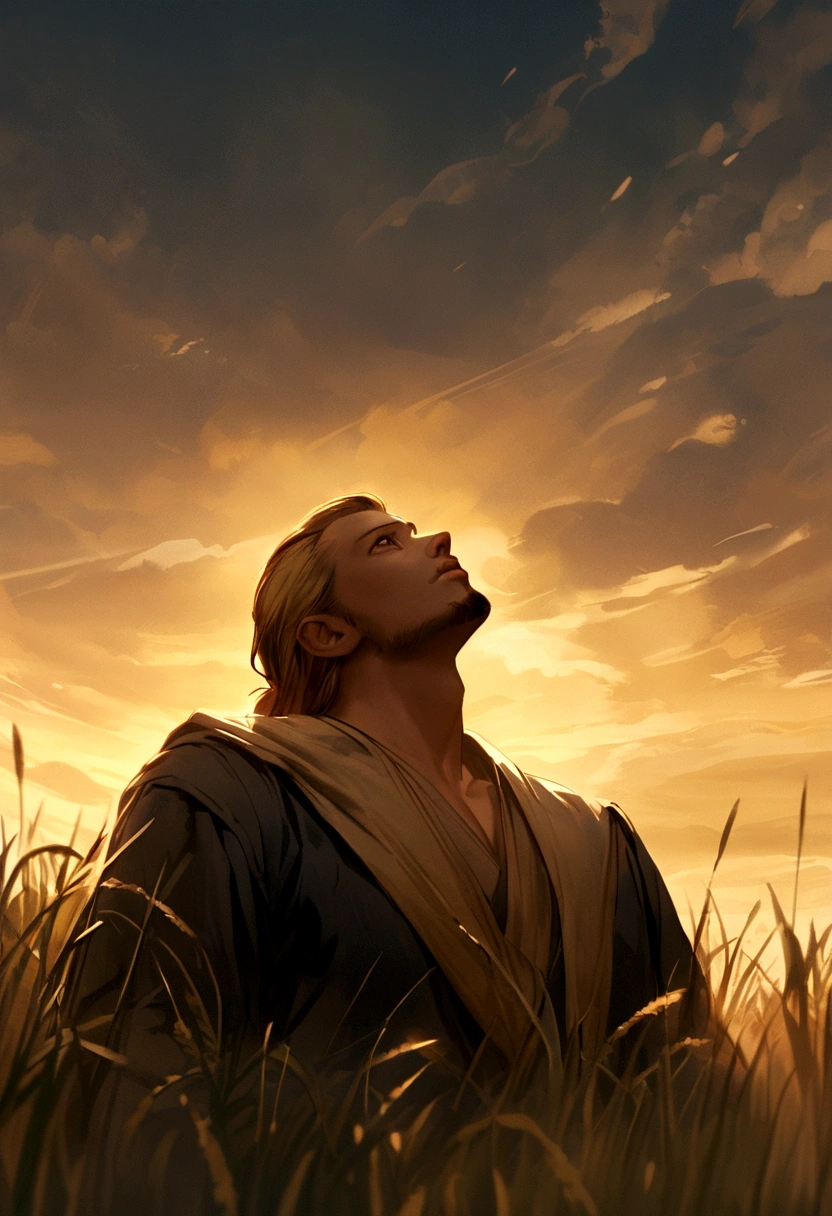 A warrior holding a sword in his right hand, slicked back blonde hair, he has a goatee beard, slightly looking up, in an open field with grass.