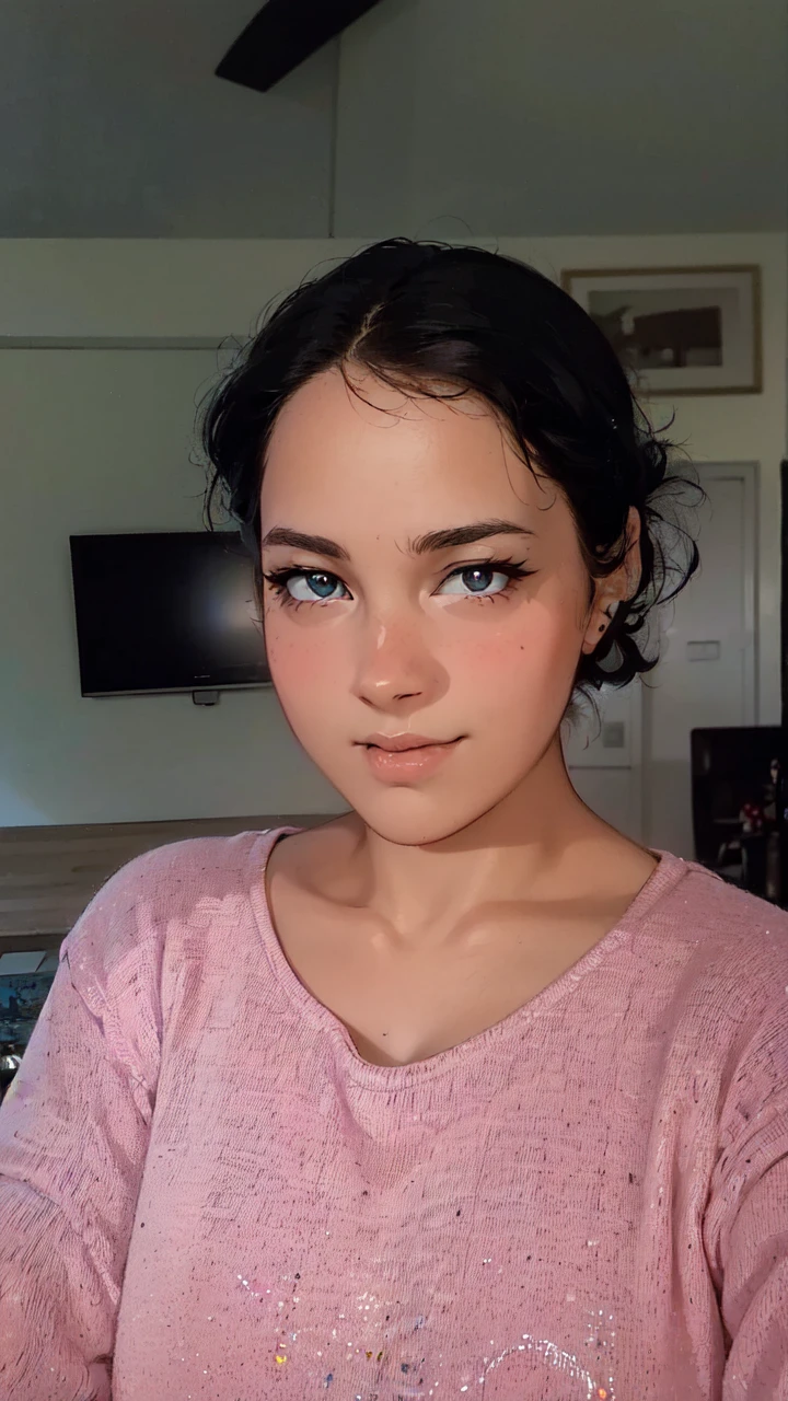 A young woman with a pink shirt and black hair is standing in front of a monitor or TV screen. The woman appears to be in her early twenties and has a feminine appearance. The photo also includes a picture or frame hanging on the wall in the background. The woman''s face is the main focus of the image, with her pink shirt standing out against the dark background. She has a neutral expression, with her eyes and mouth clearly visible. The overall color scheme of the image includes shades of pink, black, and brown.