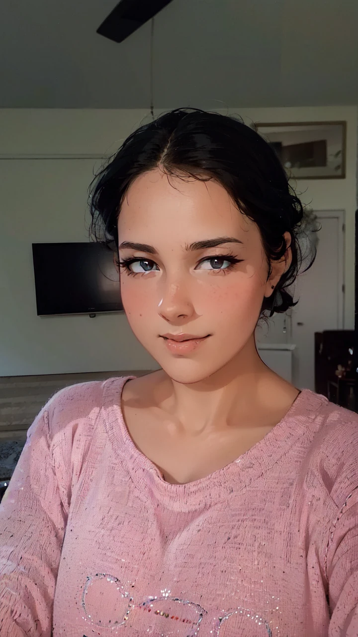 A young woman with a pink shirt and black hair is standing in front of a monitor or TV screen. The woman appears to be in her early twenties and has a feminine appearance. The photo also includes a picture or frame hanging on the wall in the background. The woman''s face is the main focus of the image, with her pink shirt standing out against the dark background. She has a neutral expression, with her eyes and mouth clearly visible. The overall color scheme of the image includes shades of pink, black, and brown.
