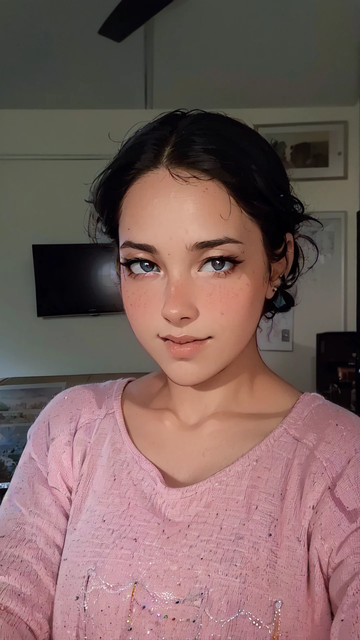 A young woman with a pink shirt and black hair is standing in front of a monitor or TV screen. The woman appears to be in her early twenties and has a feminine appearance. The photo also includes a picture or frame hanging on the wall in the background. The woman''s face is the main focus of the image, with her pink shirt standing out against the dark background. She has a neutral expression, with her eyes and mouth clearly visible. The overall color scheme of the image includes shades of pink, black, and brown.