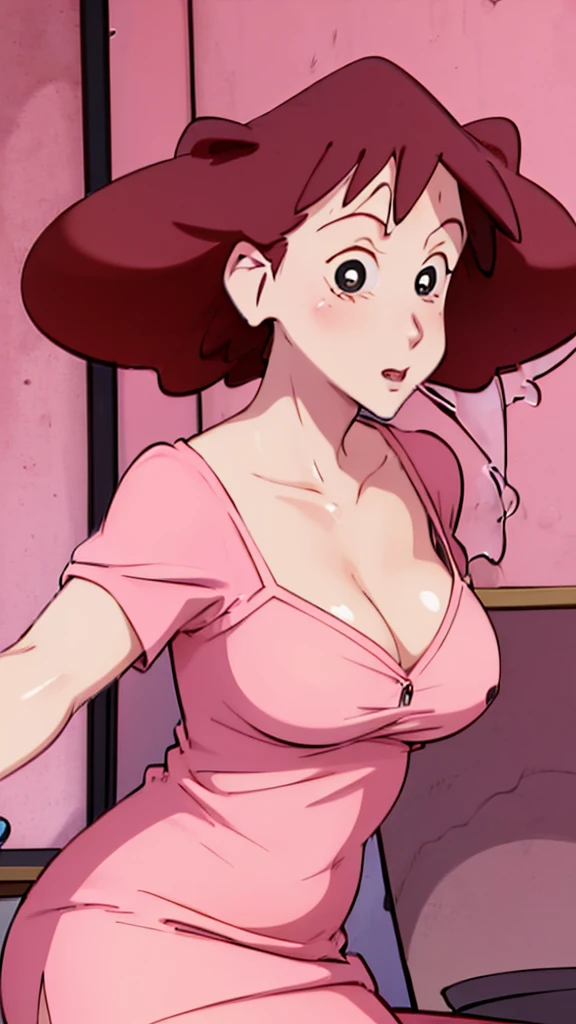 Misae Nohara,(Mature Woman:1.8),(absurderes, 8K, 4K, masutepiece, hyper extreme detailed:1.2), Best Quality, Perfect Anatomy,Perfect face,Facing forward, on bed, wearing pink nightdress, cleavage, erotic, seduced, shirtspread
