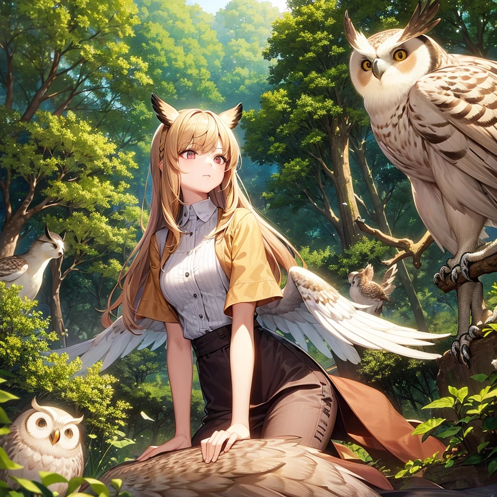 Girl taking owl with all animals in forest