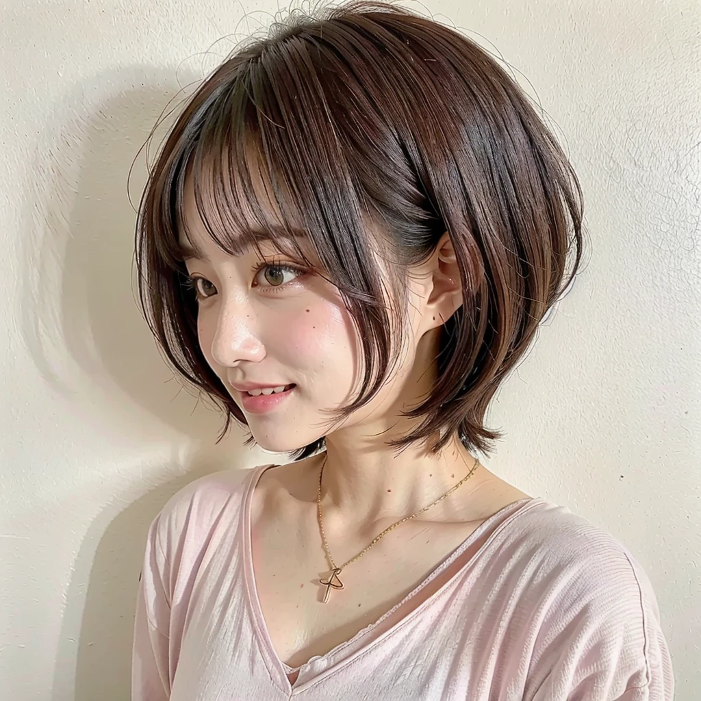 table top、highest quality、figure、 super detailed、High resolution、8K wallpaper beautiful detailed eyeedium hair、natural color lip、smile、Harajuku、30-year-old girl、cute、No chest、white wall、Taken in front of the white door、(A room with a white wall and a window)、Versatile poses、break (Ombre:1.3) 、simple necklace、Spring clothes、pastel long sleeve dress、(Beautiful profile:1.3)、Don't look at the camera、profile、shortcut、short hair
