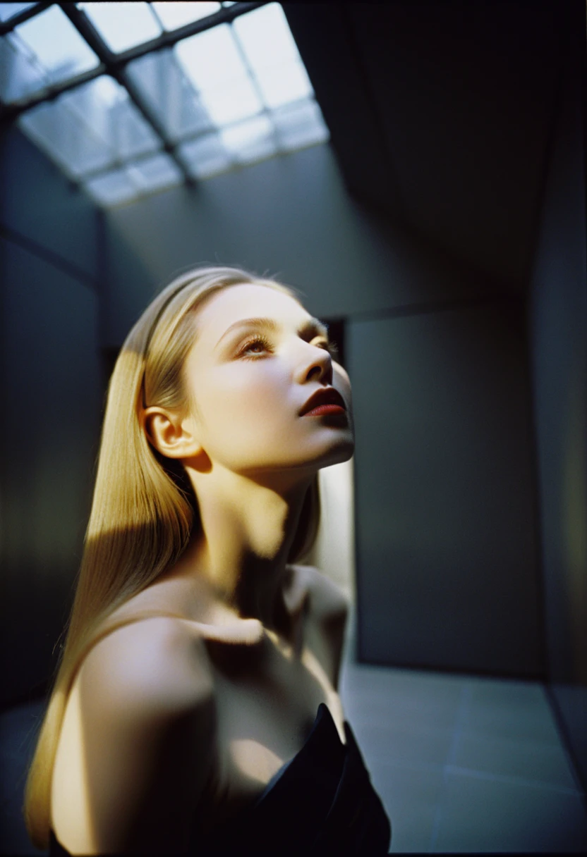 Photograph by Serge Lutens (1.8), pale skin, evil slavic woman, long dark blond hair, in profile, wide angle dim atmosphere, stunning, modern, dark, clean, artsy indoor surrounding, casting a dreamlike atmosphere eyes reflect some light, Shiseido-style Vogue-Style 1990s style and setting Various gentle half body poses and angles Consistent facial and body features Photorealistic and highly detailed Artistic and evocative High-quality finish Ensuring vibrant, detailed features Technical details: wide angle lens Selective focus with Kodak film effect: 1.2 Shallow depths of field