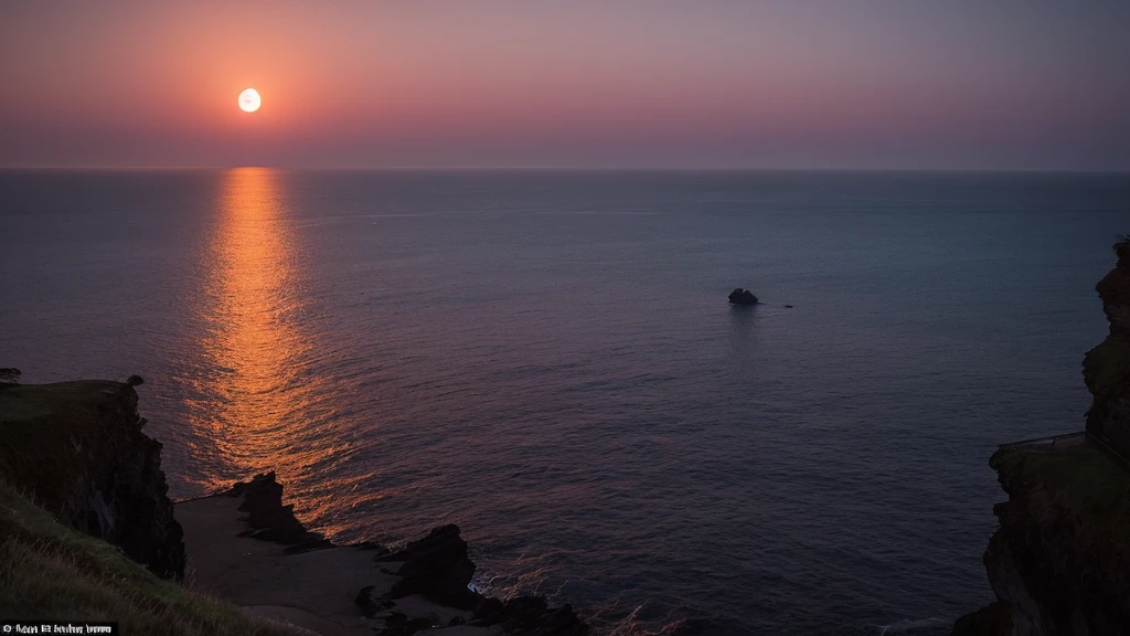 At dusk, looking out at the sea from the top of a coastal cliff, the full moon was dyed red.