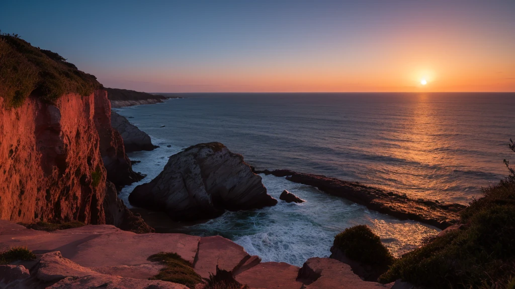 At dusk, looking out at the sea from the top of a coastal cliff, the full moon was dyed red.