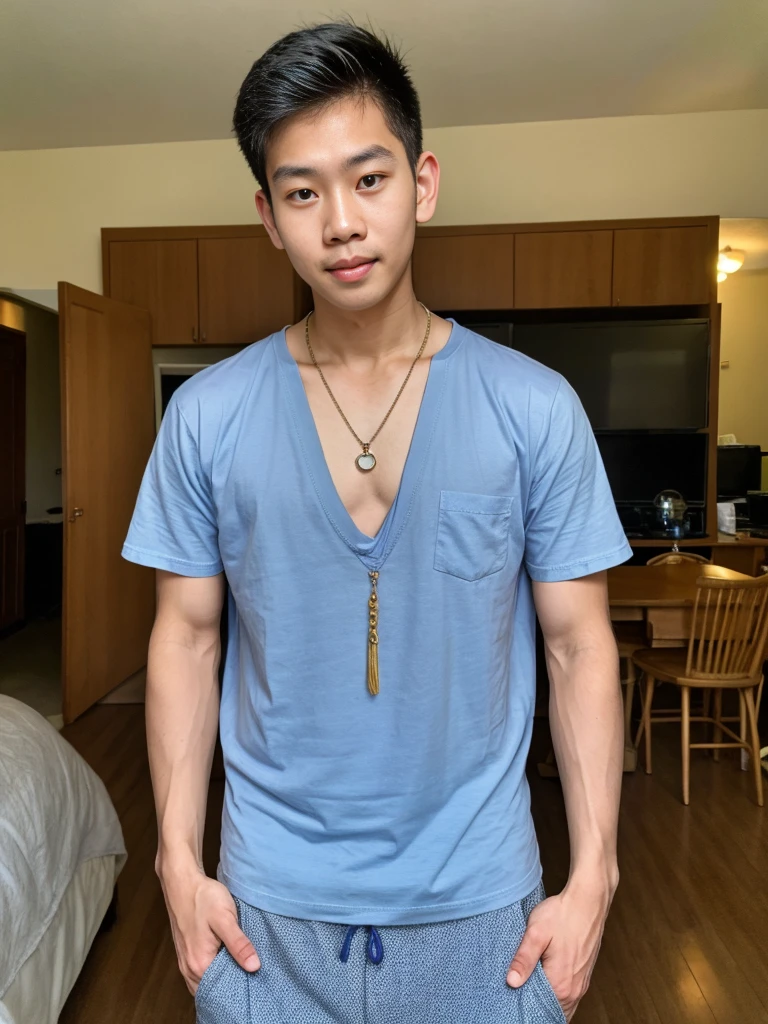 very super cute thai boy,lean body, 23 ages , wearing a shirt, necklace, at home olds,cool