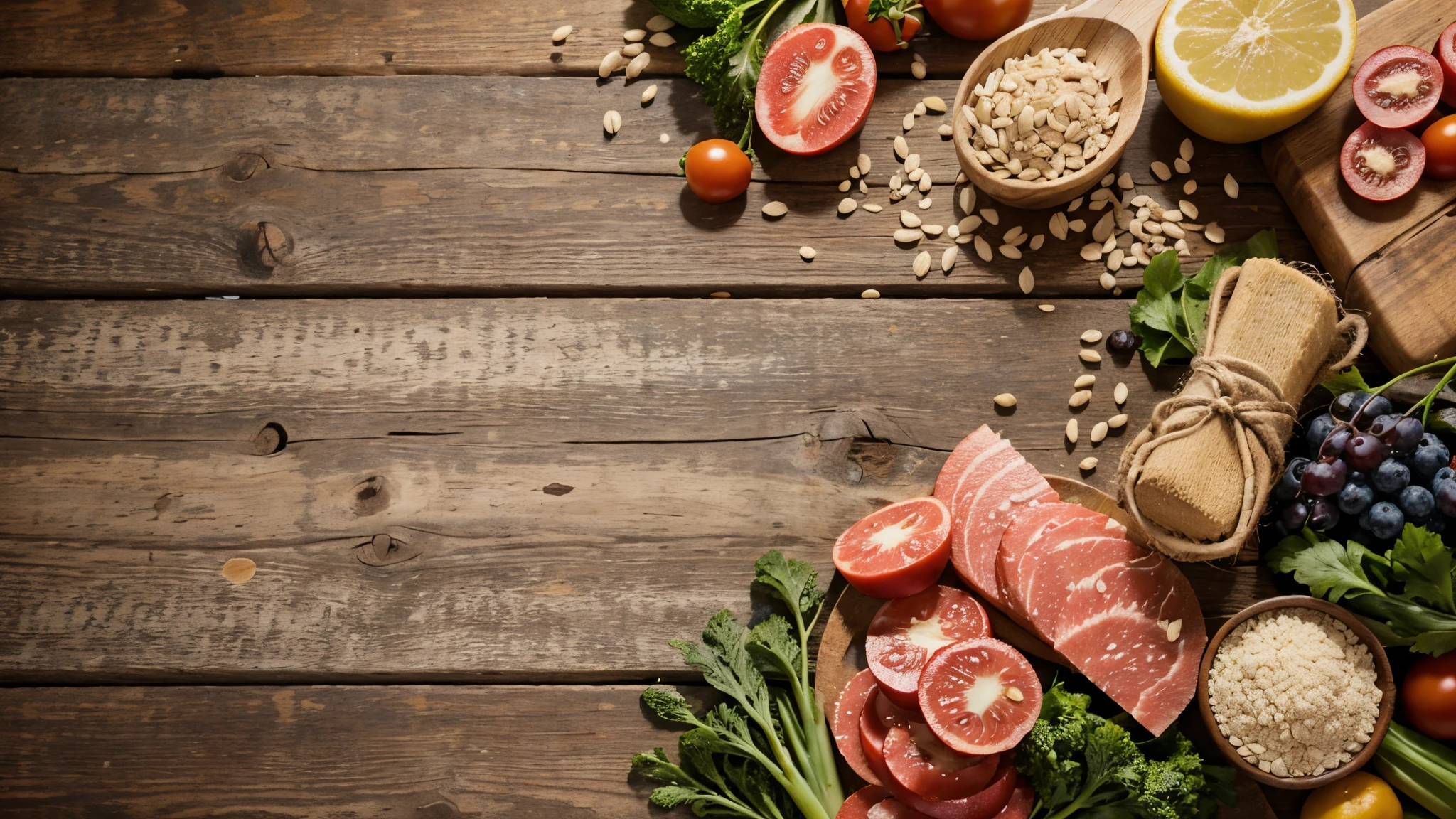 Selection of healthy food on rustic wooden background, copy space