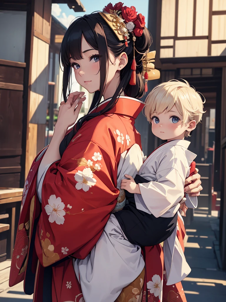 (8K, Best Quality, Masterpiece, Ultra High Resolution) Woman wearing kimono holding a  boy